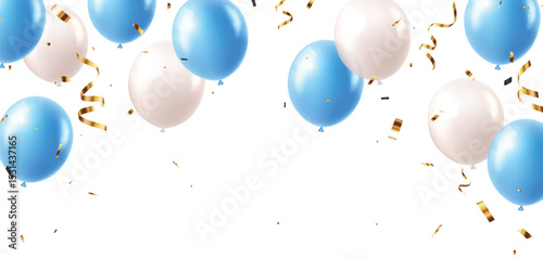 Elegant blue white balloons and party confetti ribbon, for happy Birthday celebration card banner template background