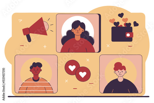Rounded business cards showing brand personas with cute icons for tone, style, and audience