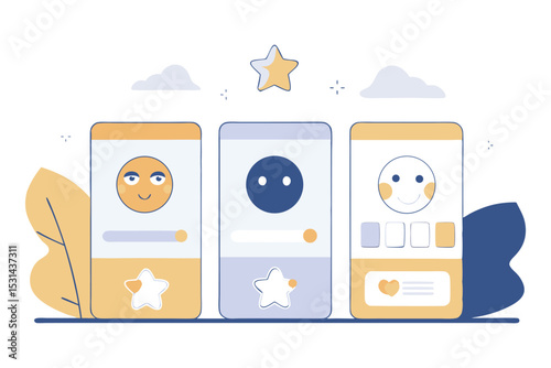 Rounded business cards showing brand personas with cute icons for tone, style, and audience