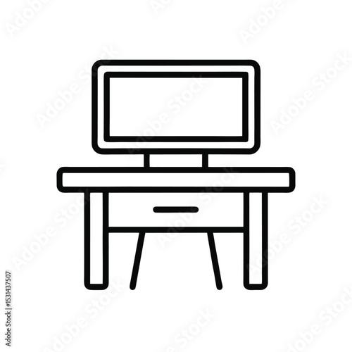 Modern Computer Desk Outline Icon on White Background