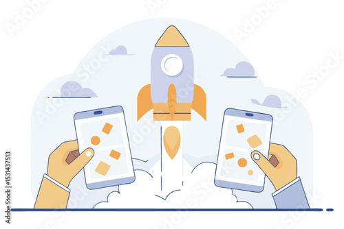 Rounded slide deck cards being launched like rockets, symbolizing a presentation rollout
