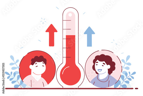 Thermometer-shaped soft UI widget with smiling avatars cheering for rising progress levels