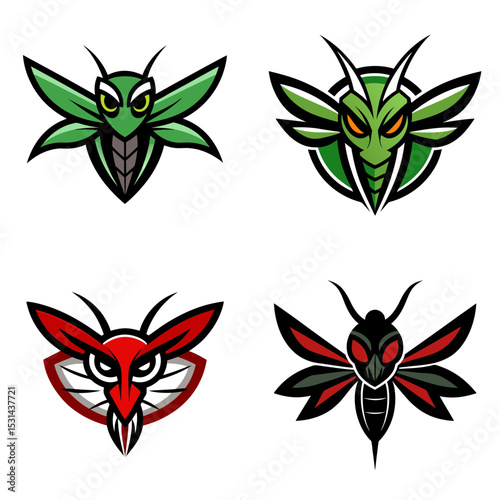 Illustration of four insect logos in green red and black with wings and angry expressions shown