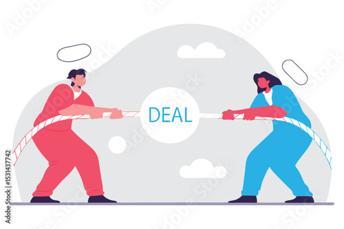 Two round business avatars tugging a dotted rope with a “Deal” icon in the center