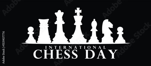international chess day word text lettering typography illustration with chess pieces king, queen, rook, bishop, knight, and pawn silhouette set collection copyspace Place for text, chess backdrop bla