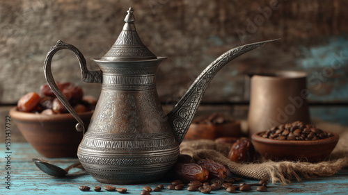 Elegant dallah showcasing traditional coffee brewing at a rustic setting