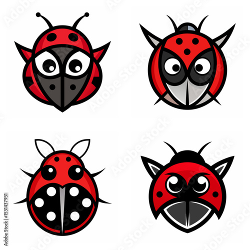 Four cartoon ladybug faces with different expressions and designs on a white background display image