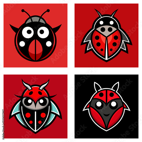 Four square images displaying cartoon ladybug illustrations with red, black, and white color schemes art