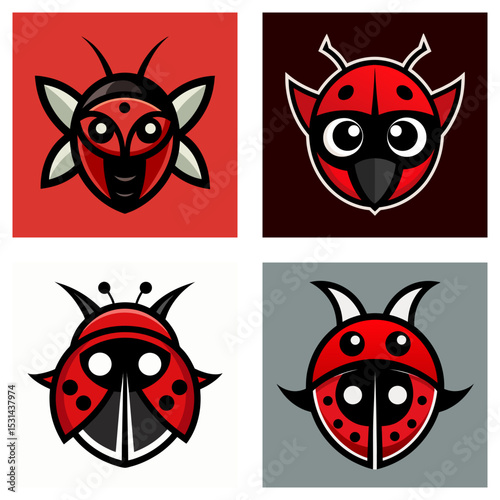 Collection of four stylized ladybug logos with red and black coloring and varying design elements shown