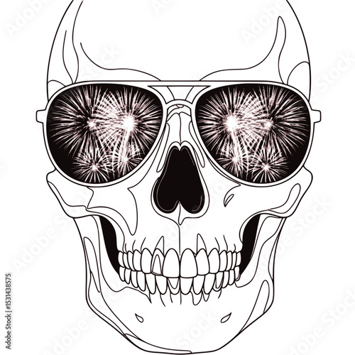Skull wearing sunglasses with fireworks reflection in lenses  