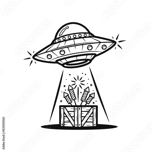 Cartoon UFO abducting fireworks from a wooden crate  