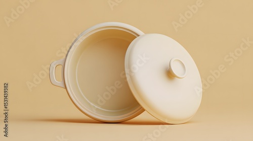 Still life of a beige ceramic pot with lid slightly ajar on a matching beige background studio shot
