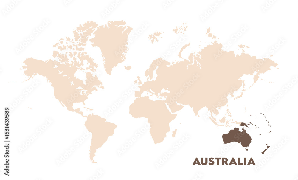 Naklejka premium Australia highlighted on world map-06, Map of Australia, highlighted on the world map, Australia on the world map, Satellite view, Australia location on the globe.