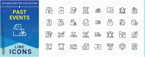 Past Events icon set. Pictograms of document, record, museum, historical. History icon set. Web icons pack. Editable vector art and illustration.