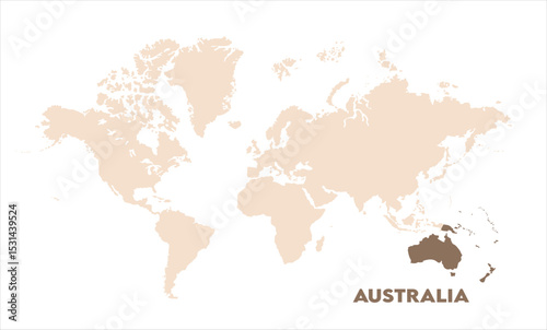 Australia highlighted on world map-03, Map of Australia, highlighted on the world map, Australia on the world map, Satellite view, Australia location on the globe.