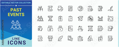 Past Events icon set. Pictograms of document, record, museum, historical. History icon set. Web icons pack. Editable vector art and illustration.