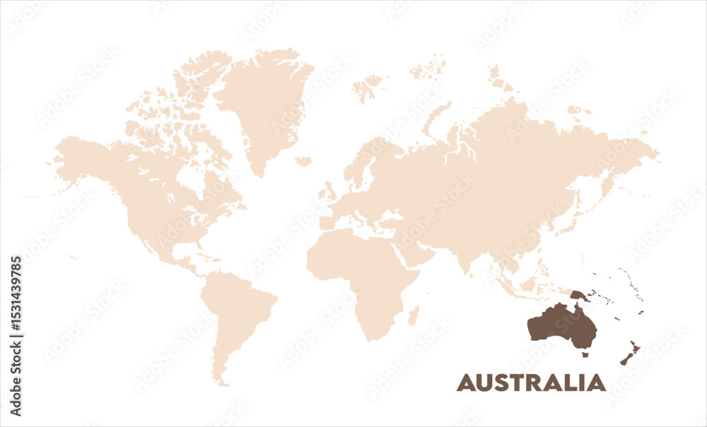 Naklejka premium Australia highlighted on world map-10, Map of Australia, highlighted on the world map, Australia on the world map, Satellite view, Australia location on the globe.