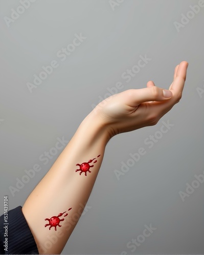Outstretched arm with two red splatter-like symbols resembling virus or infection illustrations on smooth skin, isolated on a plain gray background for medical concept photo