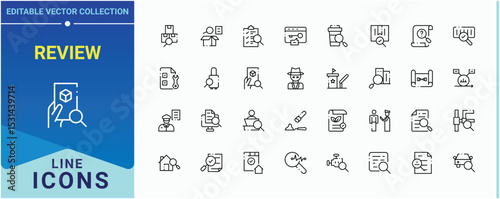Review linear icon set. Related to check, survey, quality, inspector, approve, research and more. Inspection icon. Minimal linear icons. Editable stroke. Vector collection.
