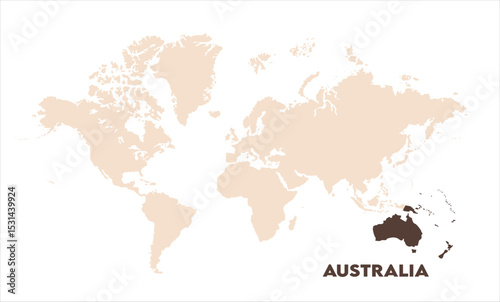 Australia highlighted on world map-12, Map of Australia, highlighted on the world map, Australia on the world map, Satellite view, Australia location on the globe.