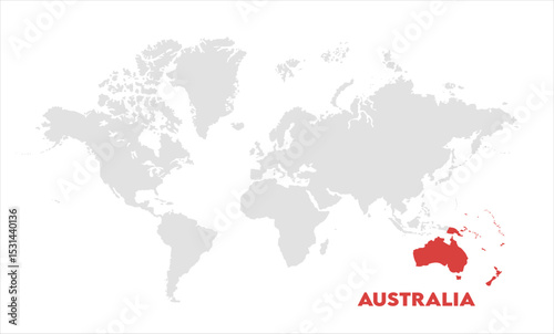 Australia in world map-02, Map of Australia, highlighted on the world map, Australia on the world map, Satellite view, Australia location on the globe.
