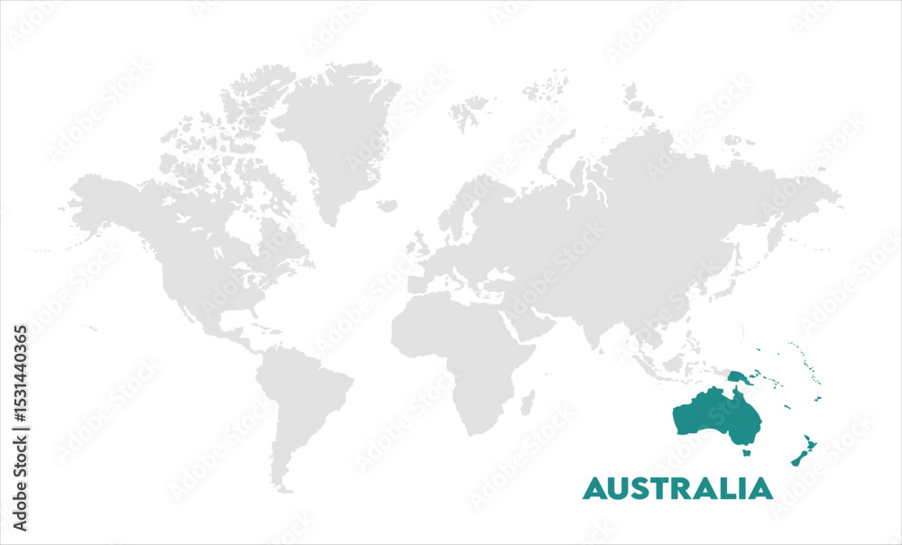 Naklejka premium Australia in world map-08, Map of Australia, highlighted on the world map, Australia on the world map, Satellite view, Australia location on the globe.