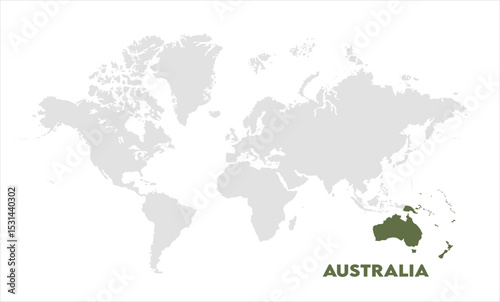 Australia in world map-06, Map of Australia, highlighted on the world map, Australia on the world map, Satellite view, Australia location on the globe.