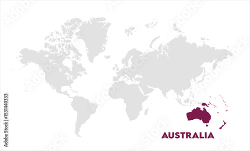 Australia in world map-07, Map of Australia, highlighted on the world map, Australia on the world map, Satellite view, Australia location on the globe.