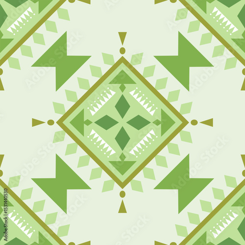 Motif Elegance Tribal Geometric Design Pattern with Shades of Green Seamless for Tiles Floor Decoration Embroidery. Beautifully Detailed of Ethnic Origin Style for Handicraft Bedding Textiles Mosaic