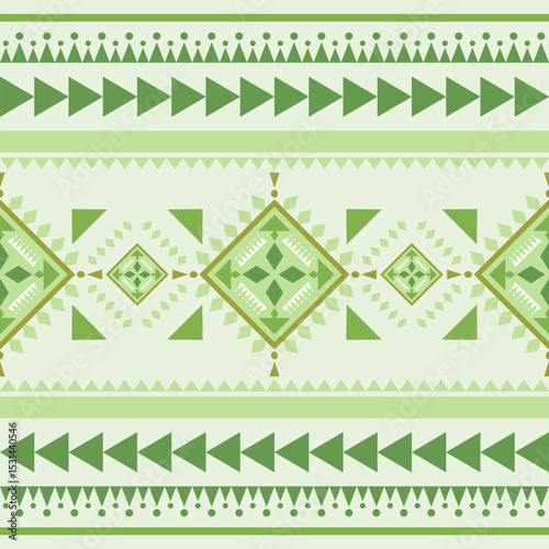 Ethnic Motif Green Abstract Nature Inspired Concept Geometric Decoration Pattern illustration Triangle Diamond Square Native Tribal Floral Border as Embroidery Silk Handicraft Greek Homespun Bedding