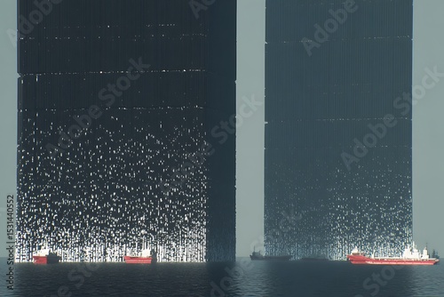 Abstract monolithic buildings at sea with boats