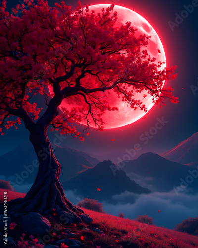 Crimson Bloom Under the Lunar Glow: A solitary tree in full crimson bloom stands silhouetted against an enormous crimson moon.