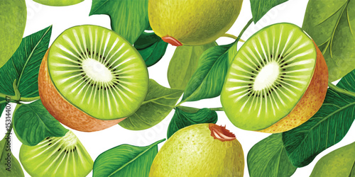 Vibrant Green Kiwi Fruit and Leaves Seamless Pattern. Fresh Tropical Botanical Design for trendy design, textile, packaging, fabric, wallpaper, branding, stationery, wrapping paper interior decor