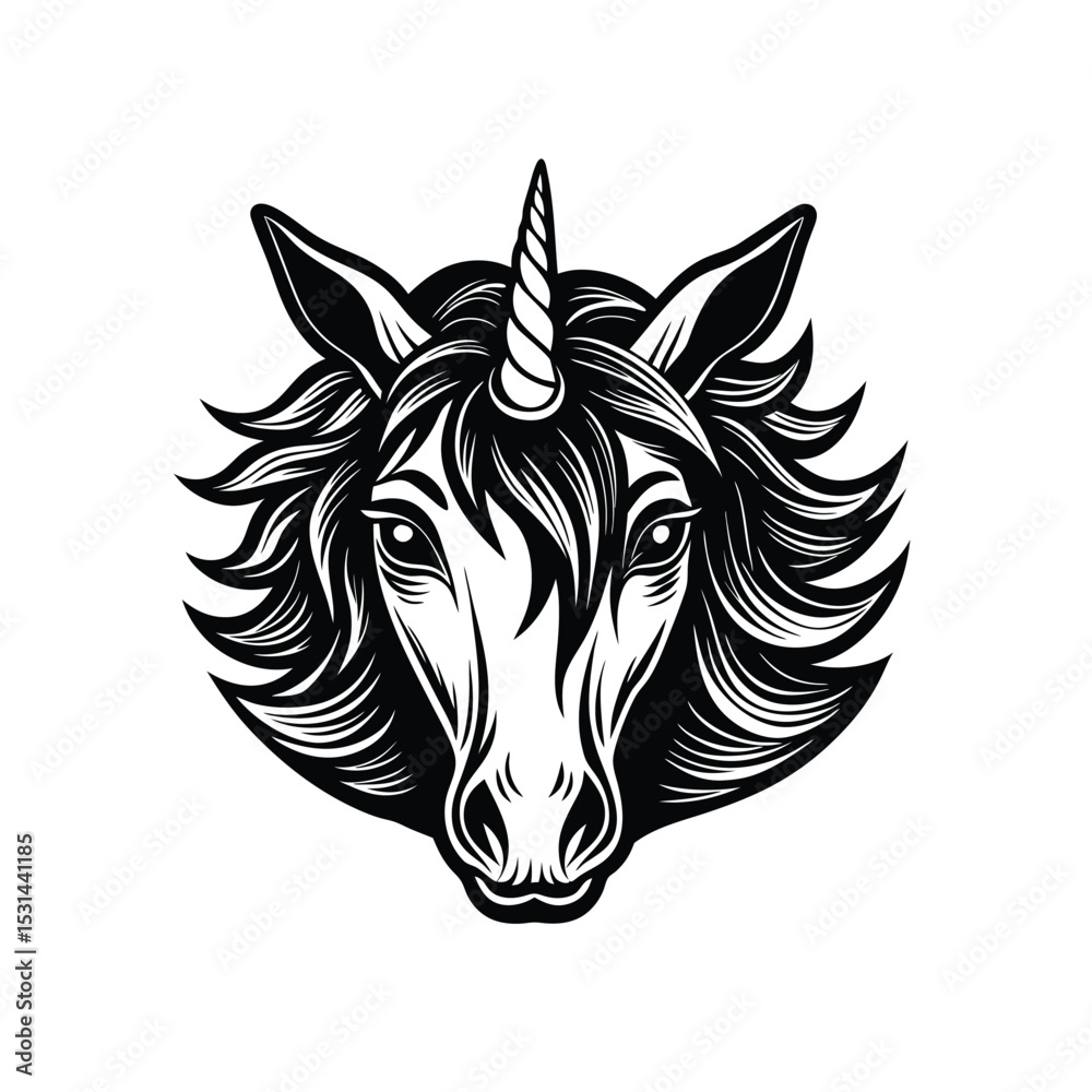 Fototapeta premium Majestic Unicorn Head Silhouette – Black and White Fantasy Vector