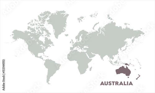 Minimalist Australia map-02, Map of Australia, highlighted on the world map, Australia on the world map, Satellite view, Australia location on the globe.
