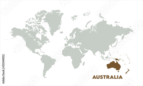 Minimalist Australia map-04, Map of Australia, highlighted on the world map, Australia on the world map, Satellite view, Australia location on the globe.