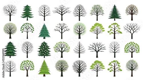 Assorted tree silhouettes, isolated on white background