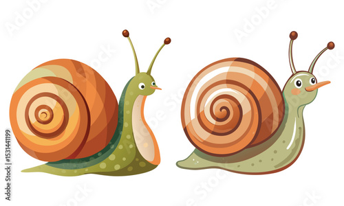 Cute Animated Snails with Spiral Shells - Garden Snail Cartoon Illustration
