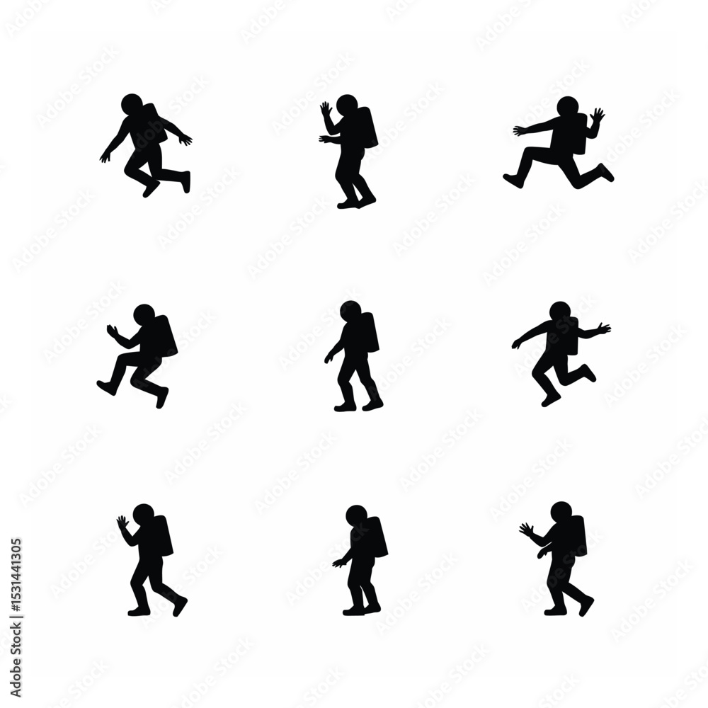 Naklejka premium Nine astronaut silhouettes in various poses spacewalk set