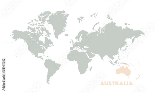 Minimalist Australia map-08, Map of Australia, highlighted on the world map, Australia on the world map, Satellite view, Australia location on the globe.