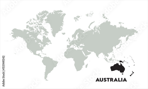 Minimalist Australia map-09, Map of Australia, highlighted on the world map, Australia on the world map, Satellite view, Australia location on the globe.