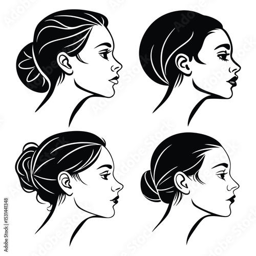 Four elegant black and white female profiles