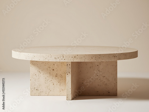 Modern travertine stone coffee table on beige background for interior design.