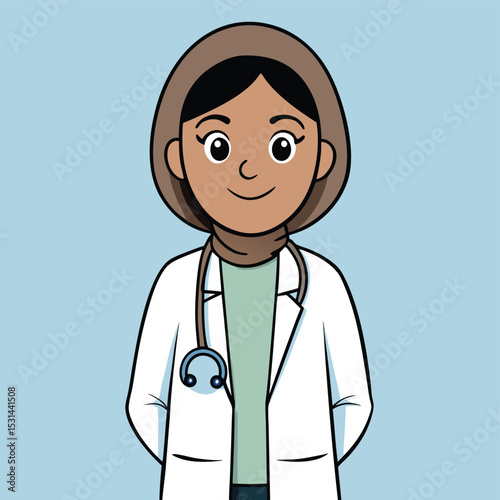 A middle-aged Pakistani doctor in her late 40s, in a white coat, symbolizing healthcare and expertise.
