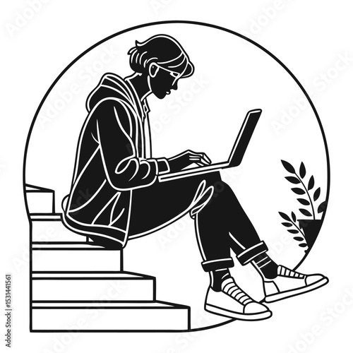 Young person working on laptop on steps