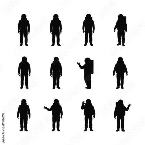 Twelve astronaut silhouettes diverse poses space exploration set