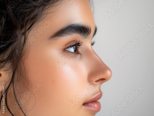 Close-up profile view of a beautiful woman's face with thick eyebrows on a gray background.