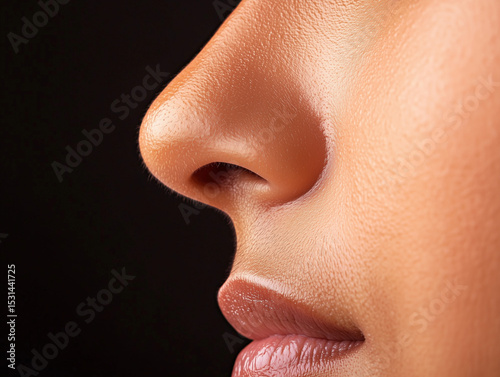 Close up view of a woman's nose on a black background.