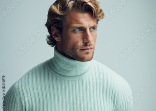 Stylish young man wearing a turtleneck sweater poses thoughtfully against a soft gray background for a fashion editorial shoot
