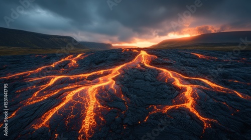 Molten lava flows across a dark volcanic landscape at sunset
